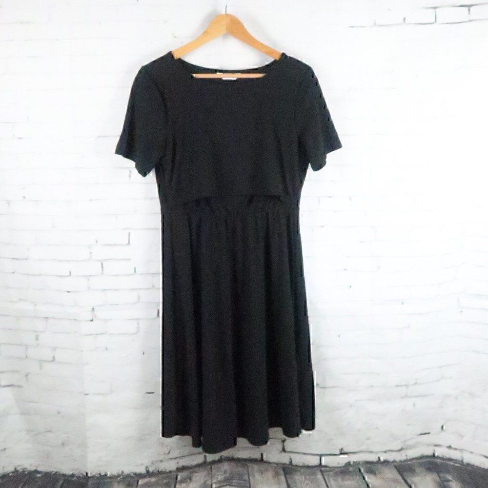 BLACK ROUND NECK SHORT SLEEVE CASUAL MIDI DRESS WITH LAYERED DETAIL SIZE MEDIUM